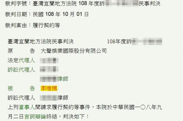 李唯楓遭前經紀公司提告違反合約，判決書更記載他擺爛工作。（翻攝自司法院判決書查詢系統）